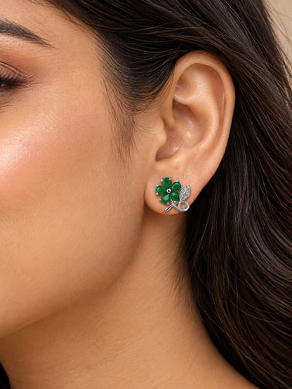 Green Flower and Leaf Stud Earrings, silver plated, model close-up