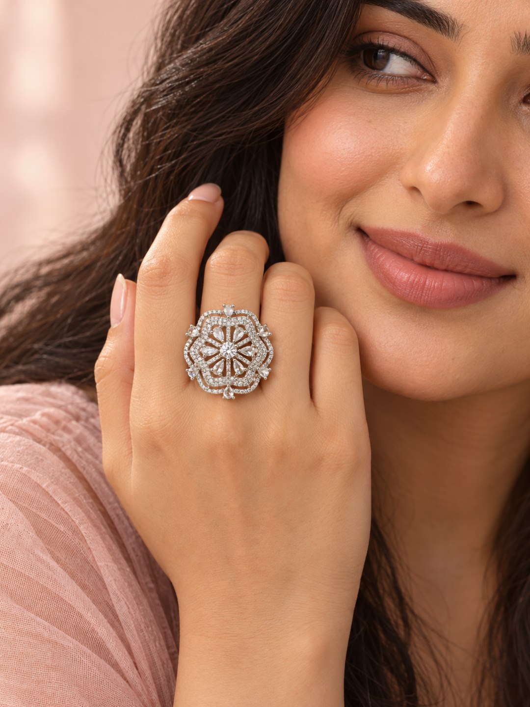 Clear Round Center Geometric Flower Ring - Silver Plated worn on hand - close-up