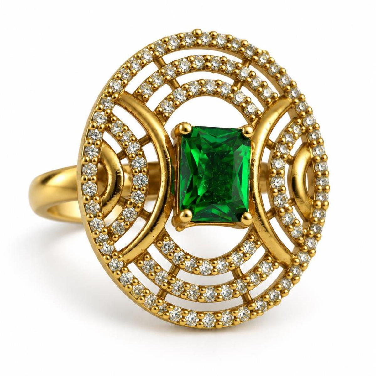 Green Stone Rectangular Stone Oval Halo Ring - Gold Plated, product view