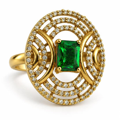 Green Stone Rectangular Stone Oval Halo Ring - Gold Plated, product view