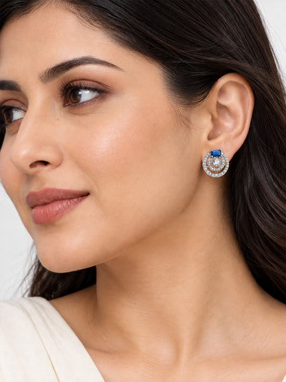 Blue Stone Double Halo Stud Earrings, silver plated, model close-up
