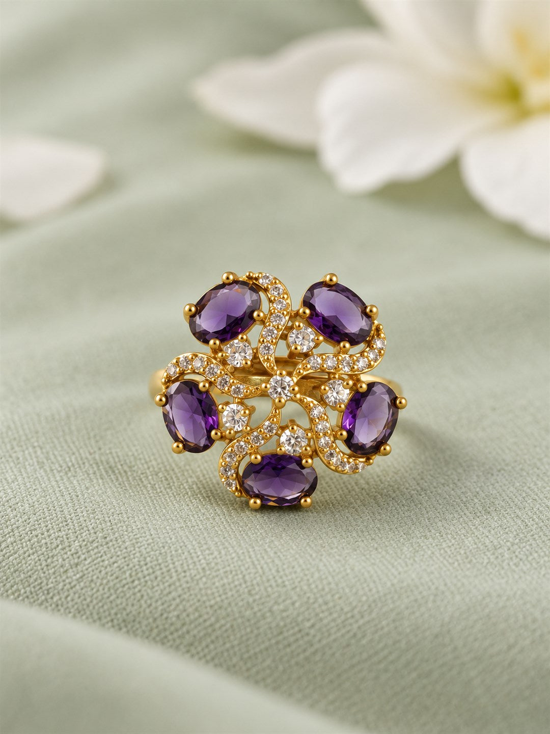 Purple Stone Five Petal Swirl Ring - Gold Plated, additional view 3