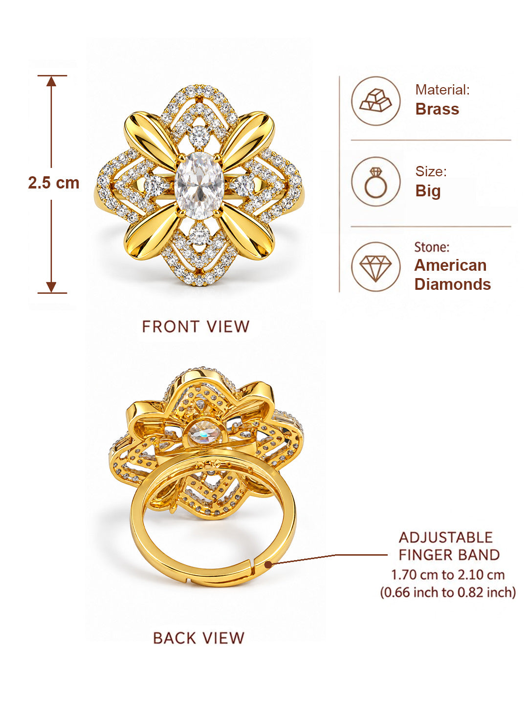 White Center Stone Four-Petal Floral Ring - Gold Plated