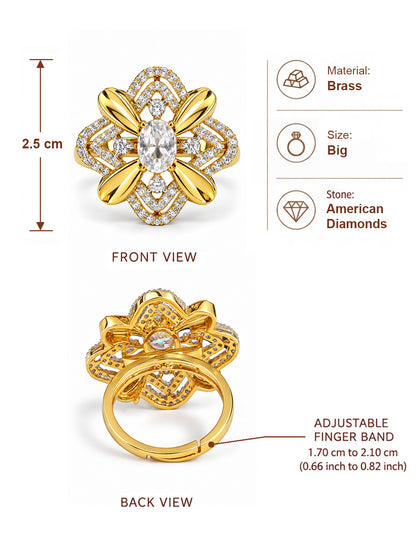 White Center Stone Four-Petal Floral Ring - Gold Plated