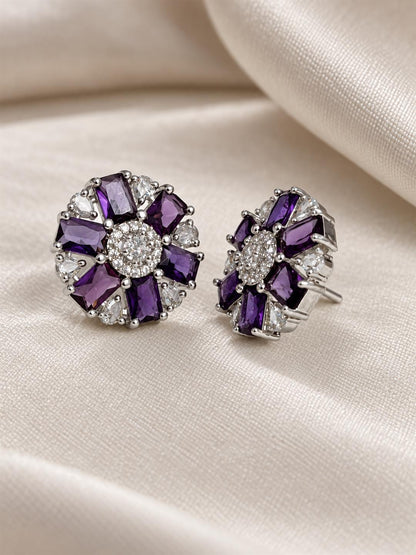 Purple round flower silver-plated stud earrings