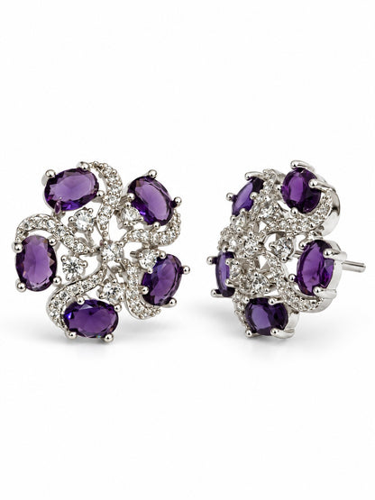 Purple Oval Stone Floral Stud Earrings in silver plating