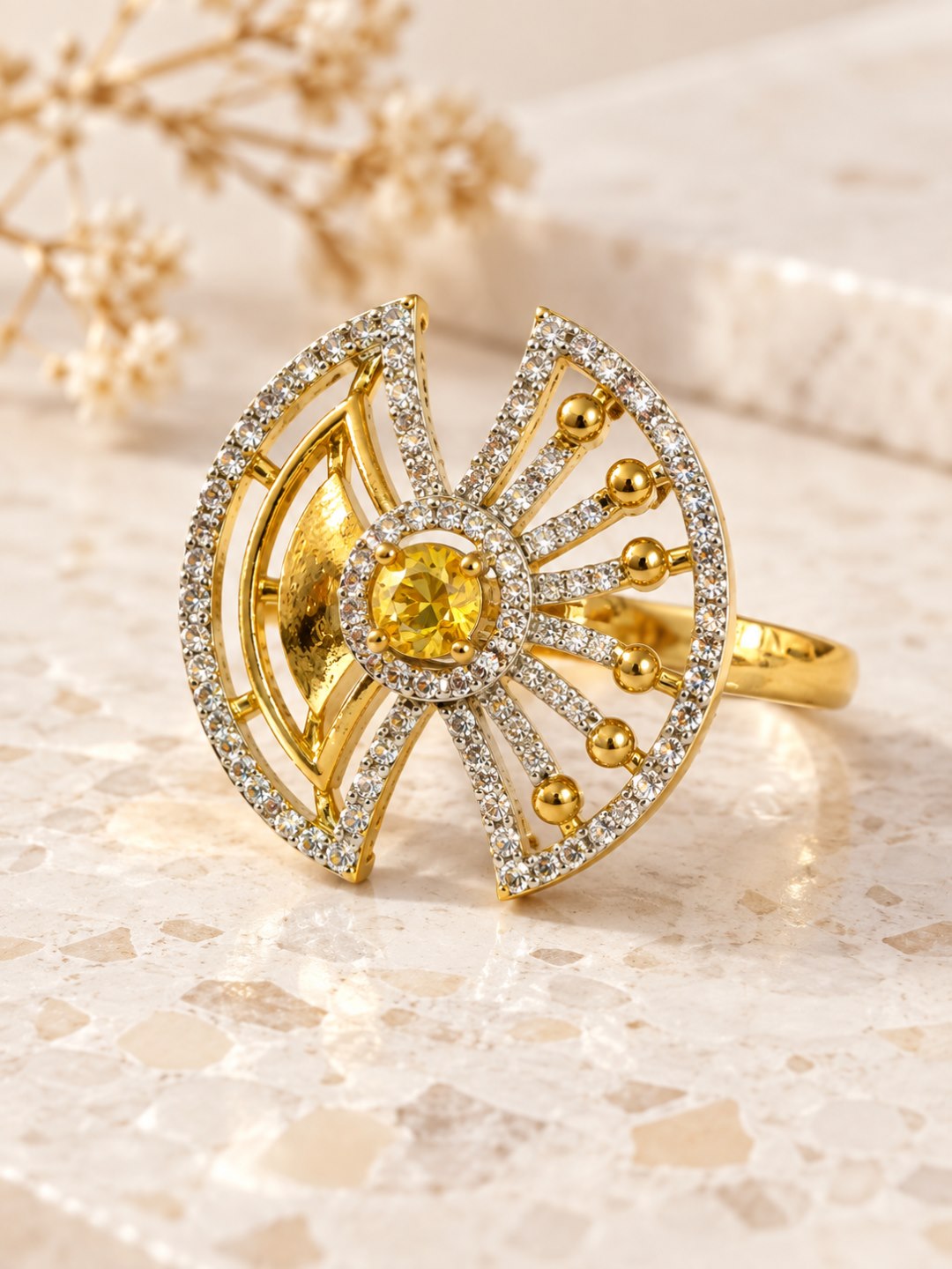 Yellow Center Stone Fan Motif Ring - Gold Plated