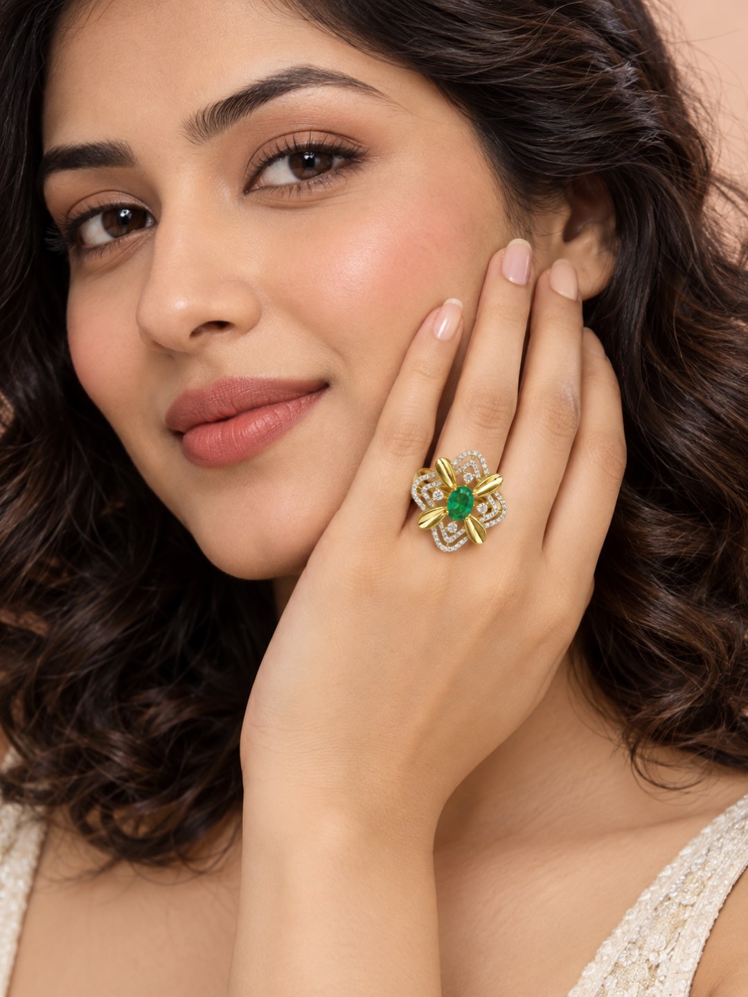 Sea Green Center Stone Four-Petal Floral Ring - Gold Plated - model close-up