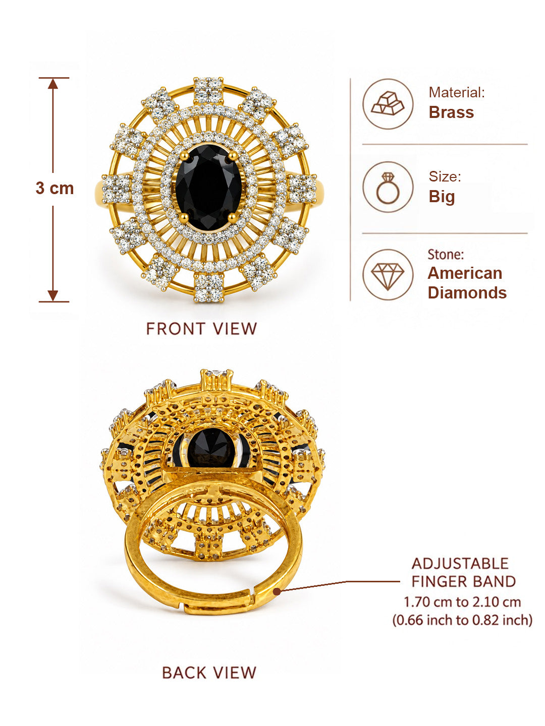 Black Center Stone Baguette Halo Ring - Gold Plated