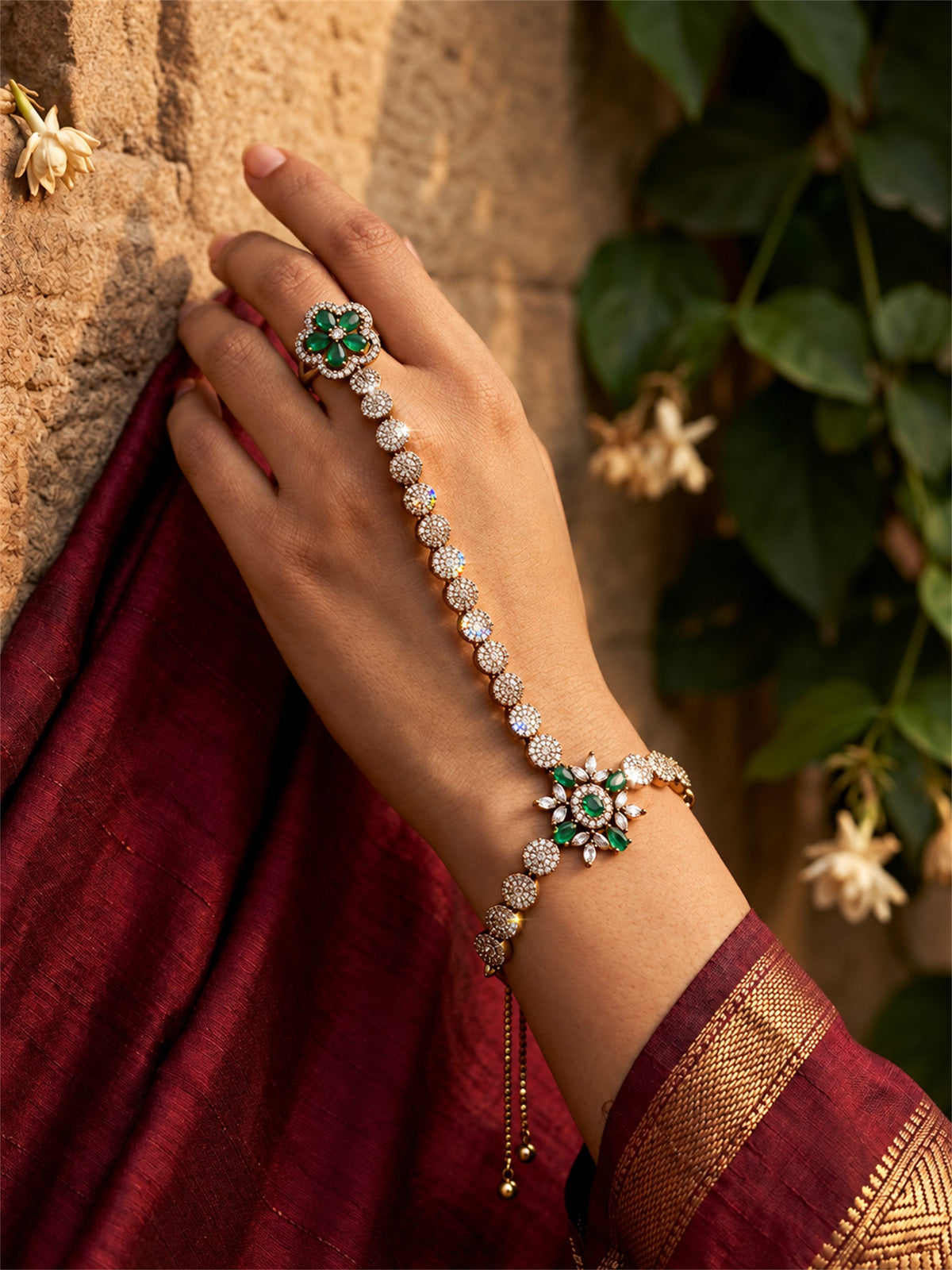 Green Floral Round-Stone Chain Hathphool - Mehndi Plated