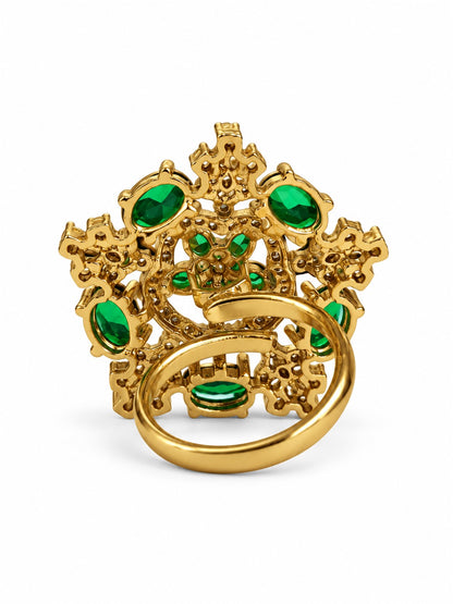 Green Stone Floral Cross Cluster Ring - Gold Plated, additional view 5