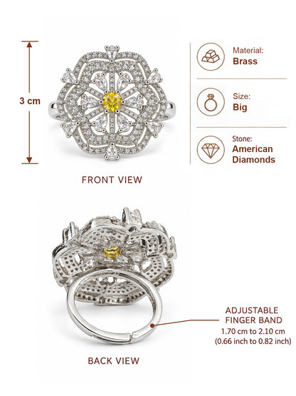 Yellow Round Center Geometric Flower Ring - Silver Plated - alternate view