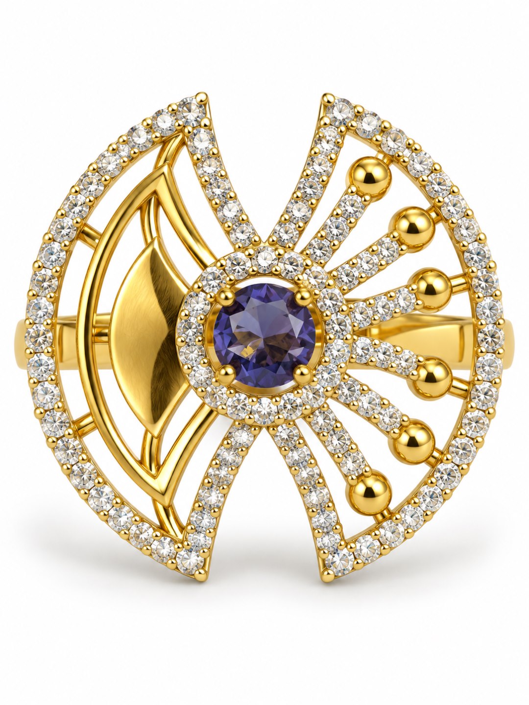 Purple Center Stone Fan Motif Ring - Gold Plated