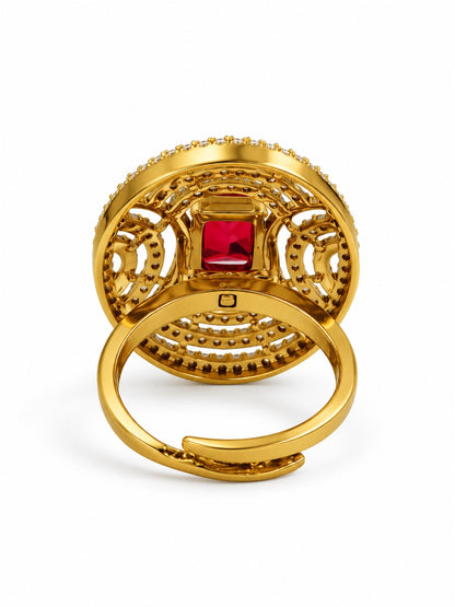 Red Stone Rectangular Stone Oval Halo Ring - Gold Plated, additional view 5