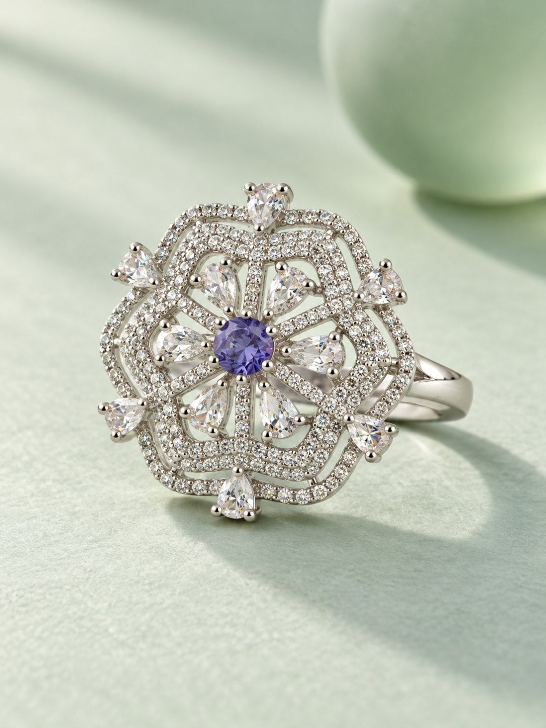 Purple Round Center Geometric Flower Ring - Silver Plated - alternate view