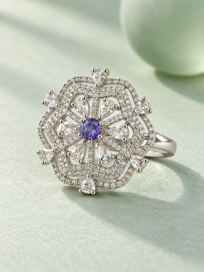 Purple Round Center Geometric Flower Ring - Silver Plated - alternate view