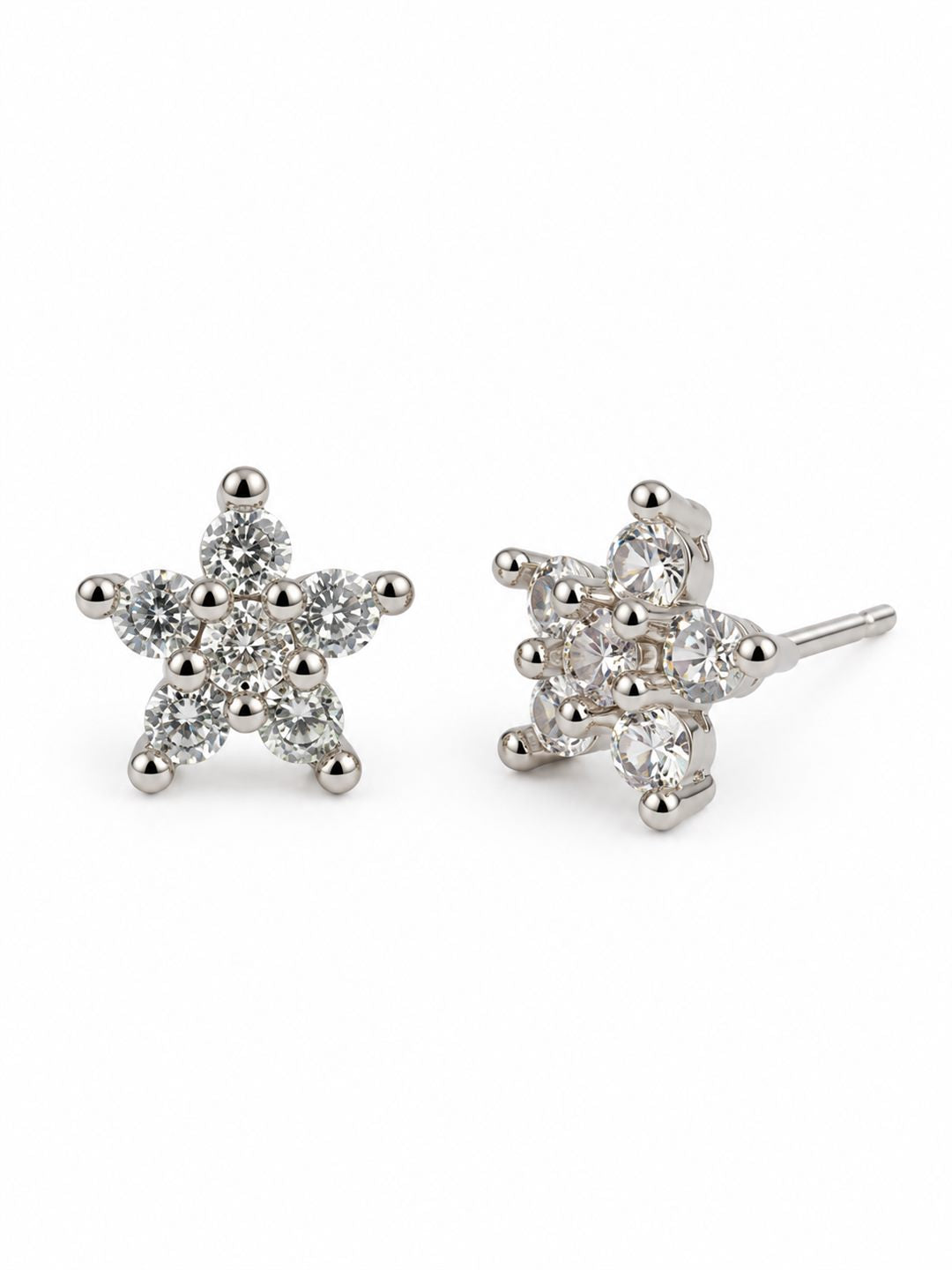 Clear Stone Star Flower Stud Earrings, silver plated, alternate product view