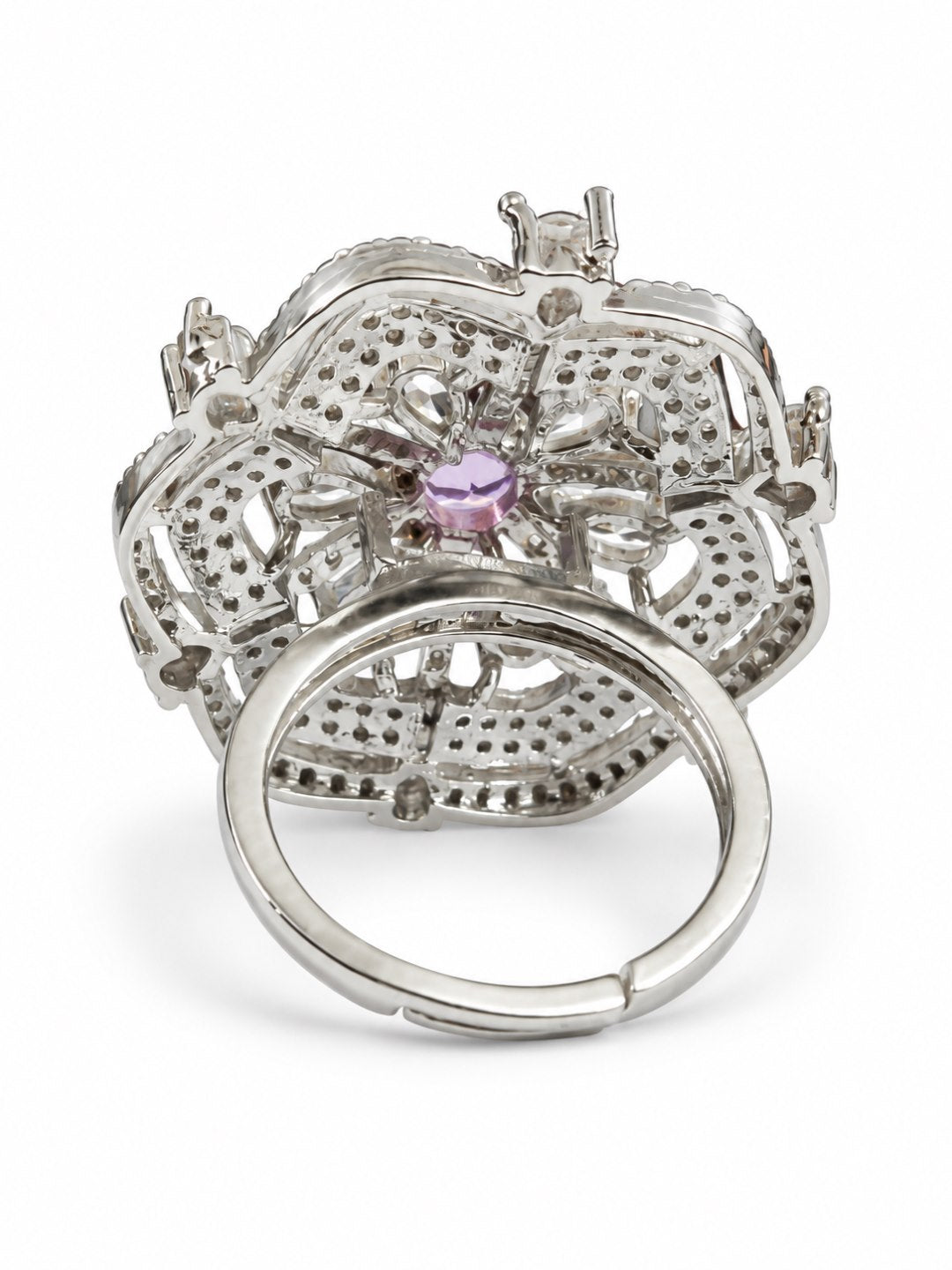 Lavender Round Center Geometric Flower Ring - Silver Plated - alternate view