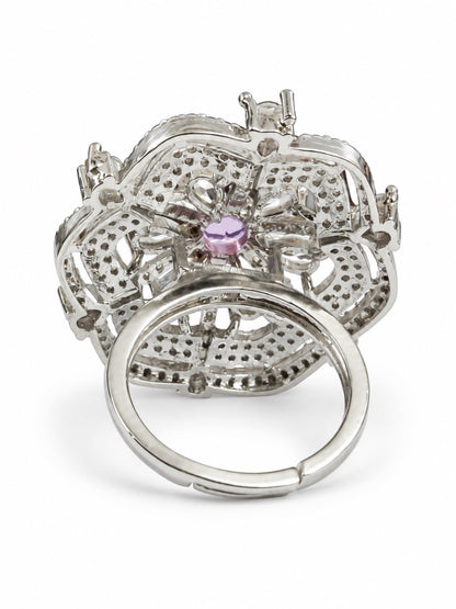 Lavender Round Center Geometric Flower Ring - Silver Plated - alternate view