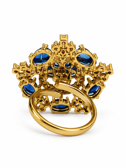 Blue Stone Floral Cross Cluster Ring - Gold Plated, additional view 5