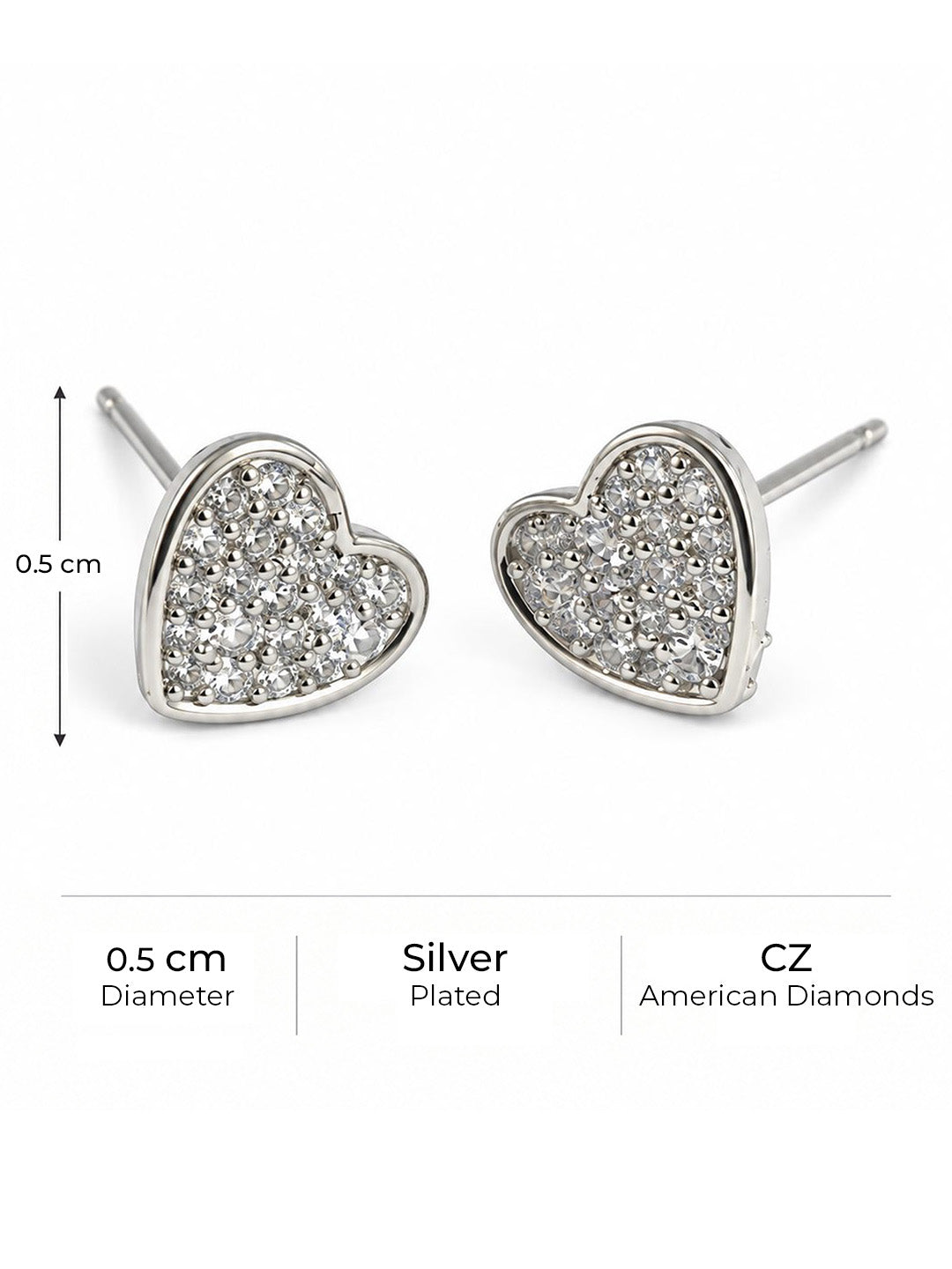 Clear Pave Heart Stud Earrings, silver plated, size and plating details