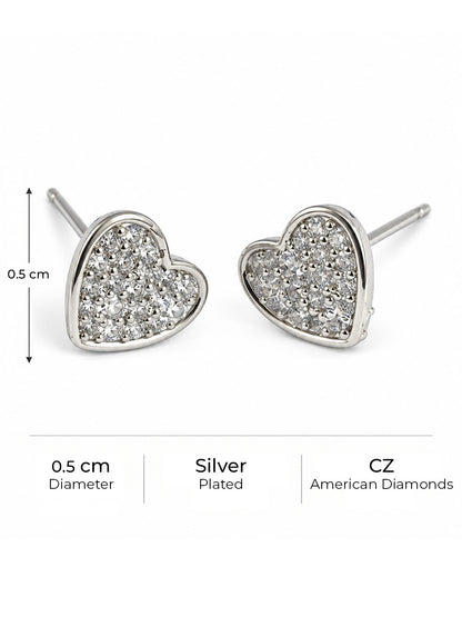 Clear Pave Heart Stud Earrings, silver plated, size and plating details