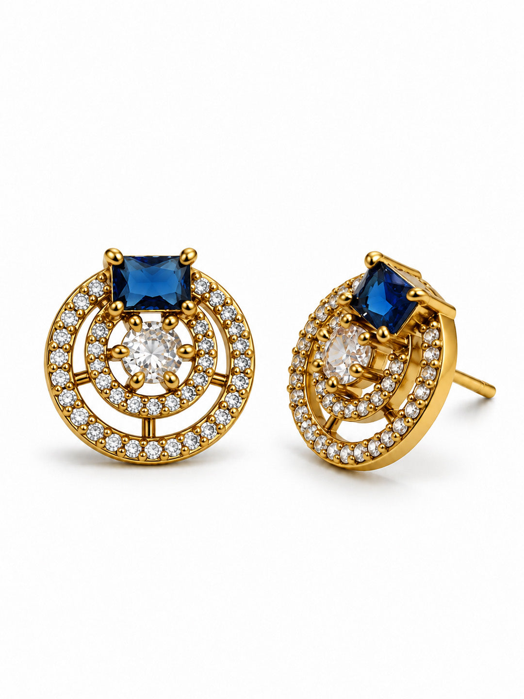 Blue Stone Double Halo Stud Earrings, gold plated, alternate product view