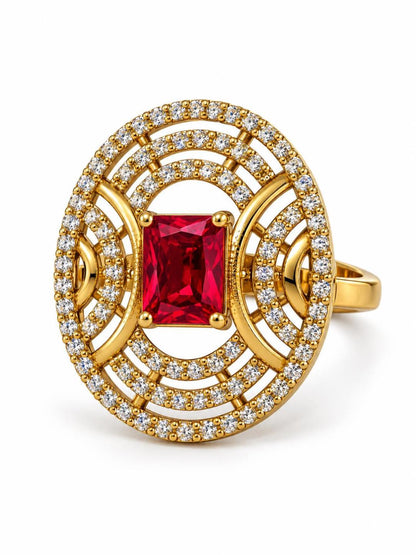 Red Stone Rectangular Stone Oval Halo Ring - Gold Plated, additional view 1