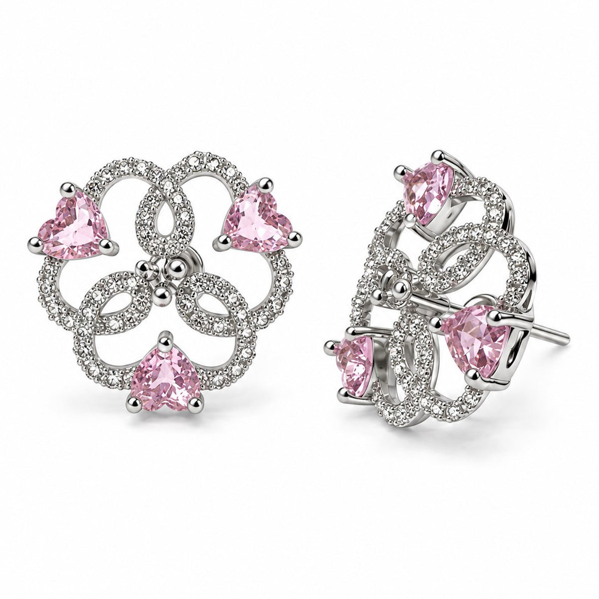 Pink Heart Stone Openwork Floral Stud Earrings in silver plating