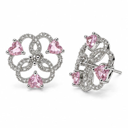 Pink Heart Stone Openwork Floral Stud Earrings in silver plating