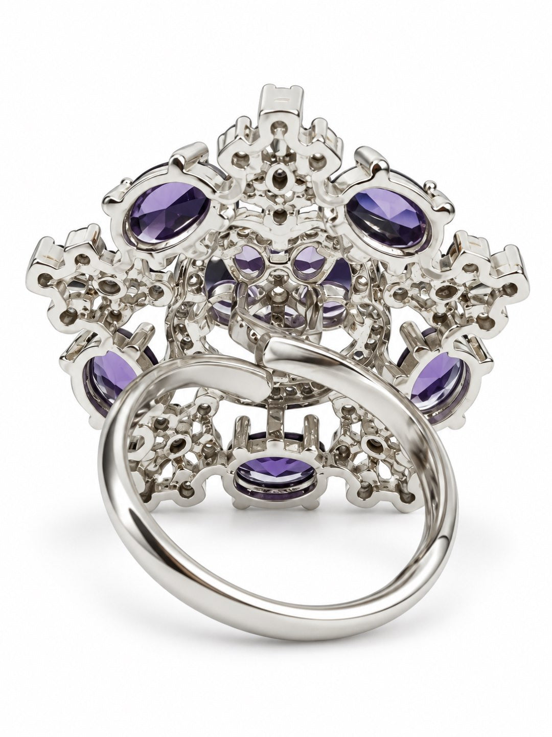 Purple Stone Ornate Floral Ring - Silver Plated - alternate view