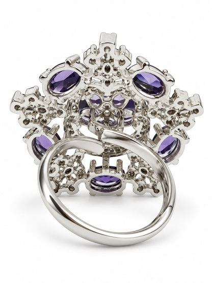 Purple Stone Ornate Floral Ring - Silver Plated - alternate view