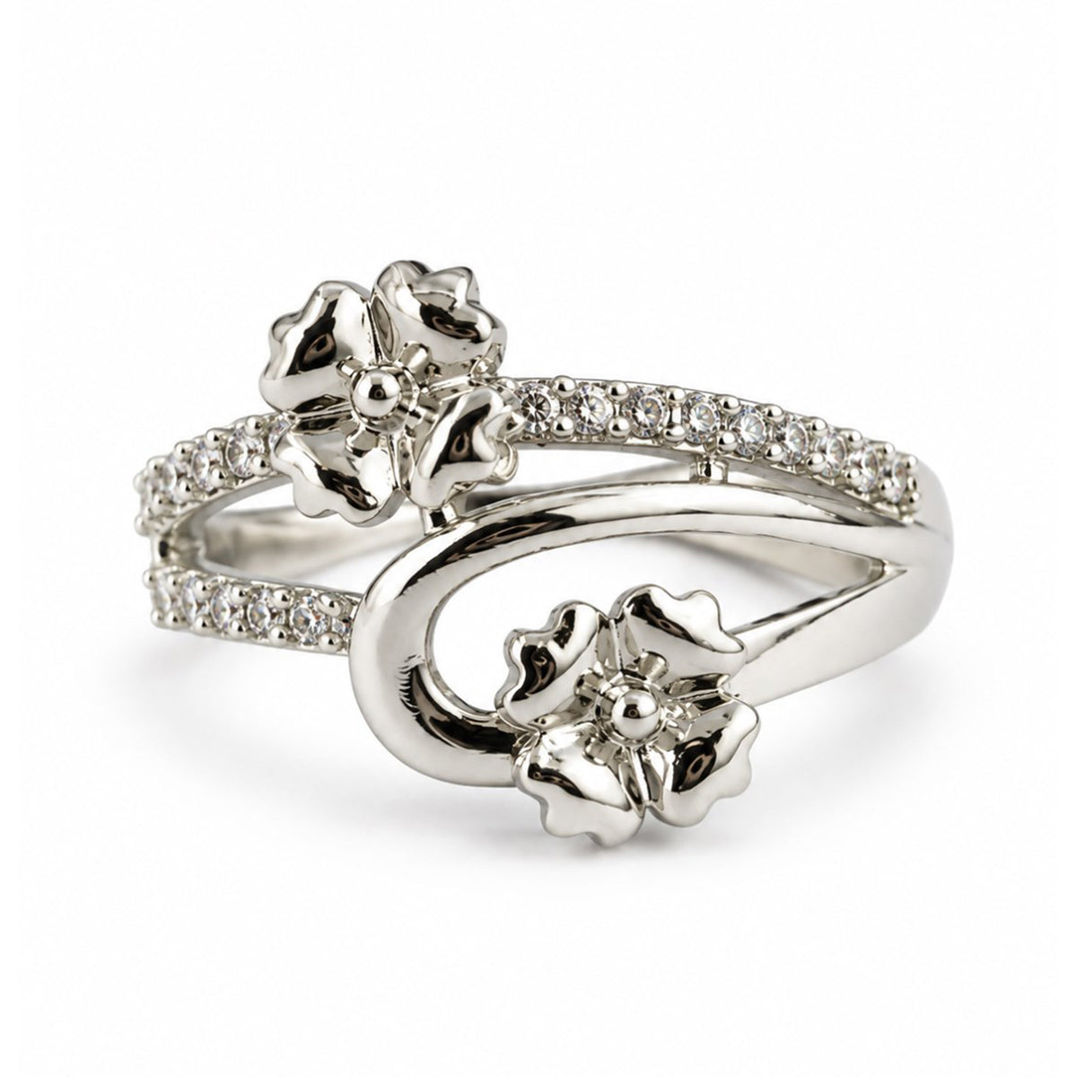 Clear Twin Flower Bypass Ring - Silver Plated