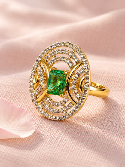 Sea Green Center Stone Oval Geometric Halo Ring - Gold Plated