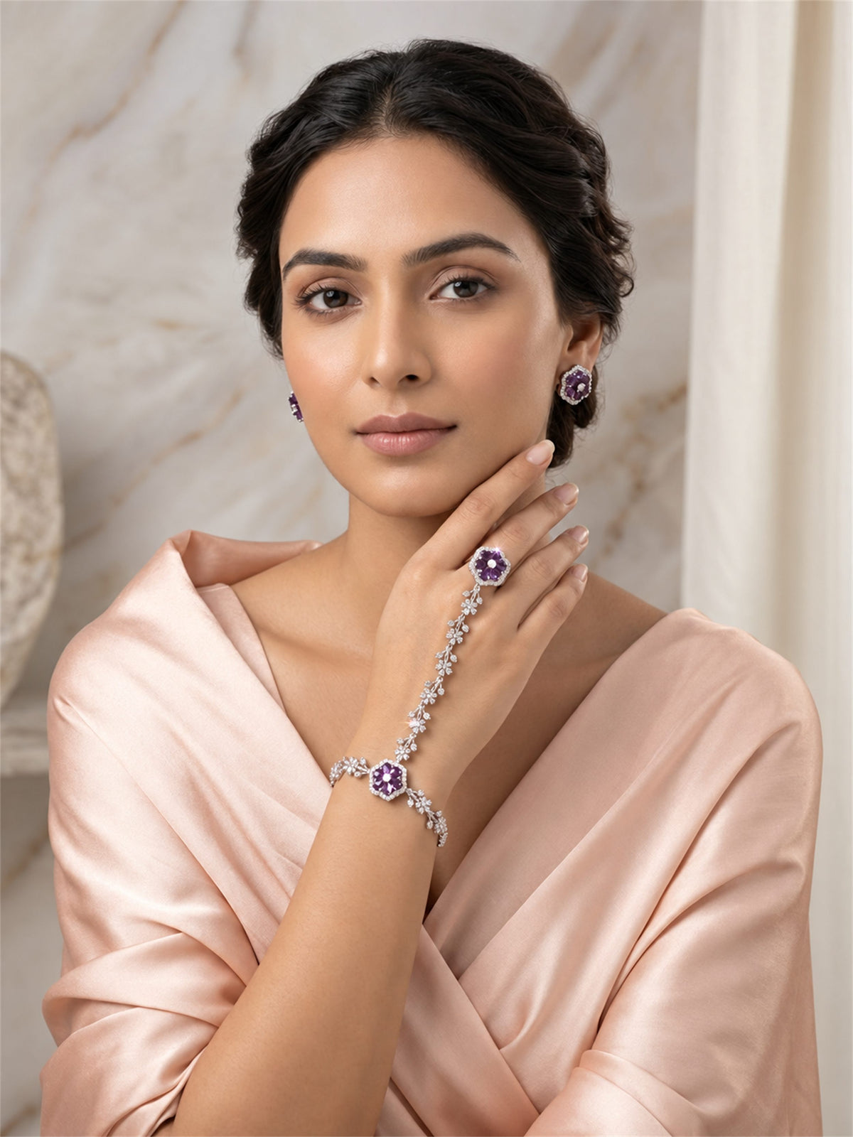 Purple silver-plated floral marquise-stone chain hathphool