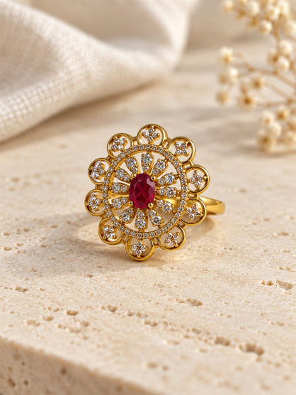 Red Stone Scalloped Sunburst Ring - Gold Plated, additional view 3