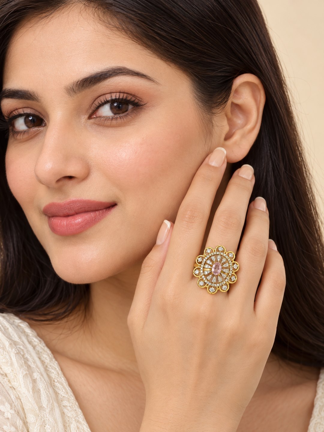 Pink Center Stone Scalloped Floral Halo Ring - Gold Plated - model close-up