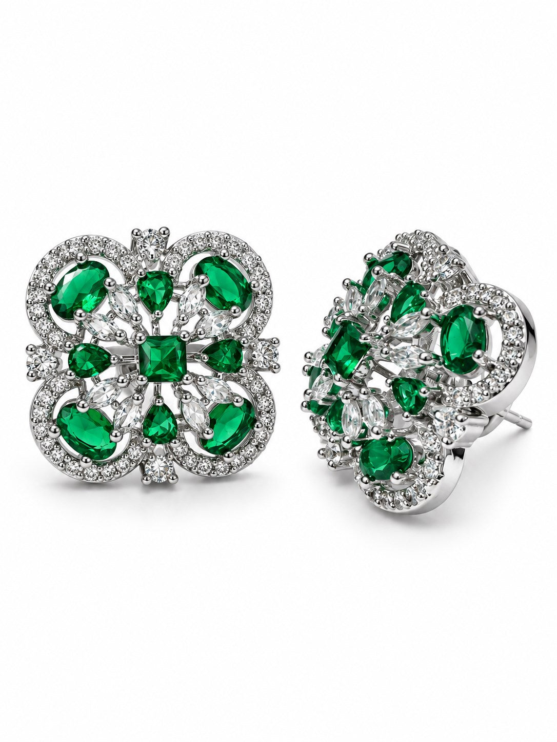 Green Scrollwork Floral Stud Earrings in silver plating