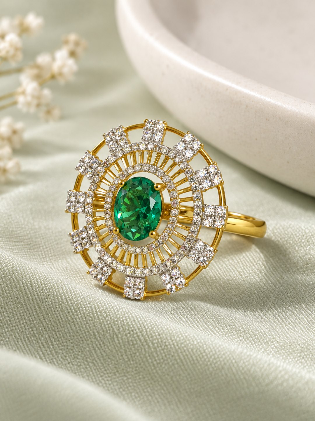Sea Green Center Stone Baguette Halo Ring - Gold Plated