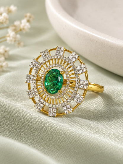 Sea Green Center Stone Baguette Halo Ring - Gold Plated