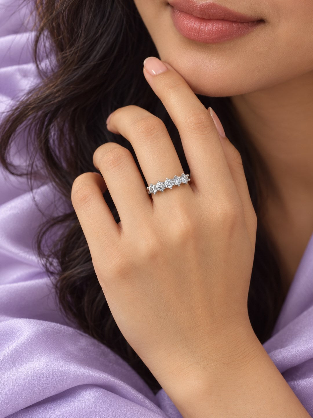 Clear Five Stone Band Ring - Silver Plated, model close-up