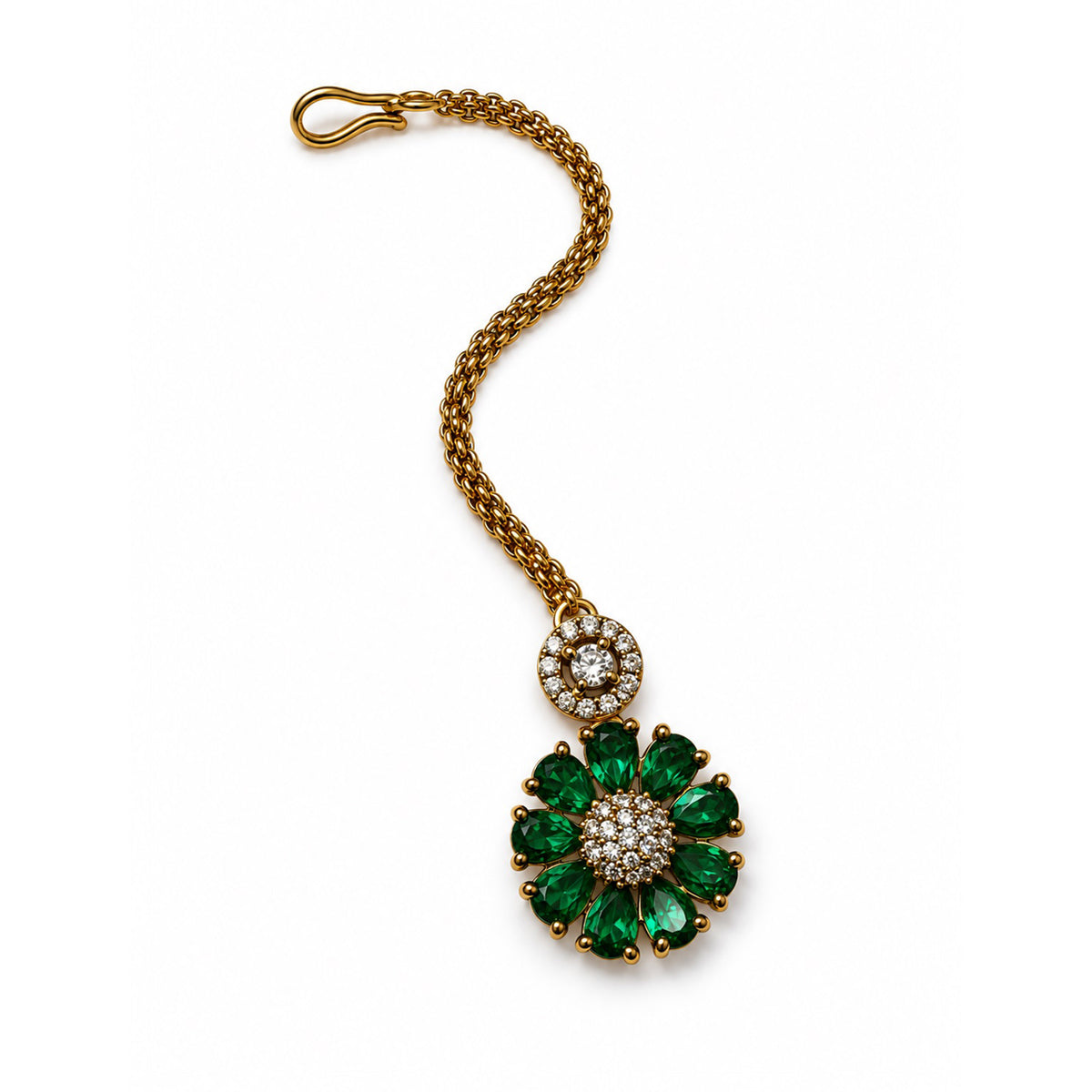 Green Teardrop Floral Maang Tikka - Gold Plated, product view