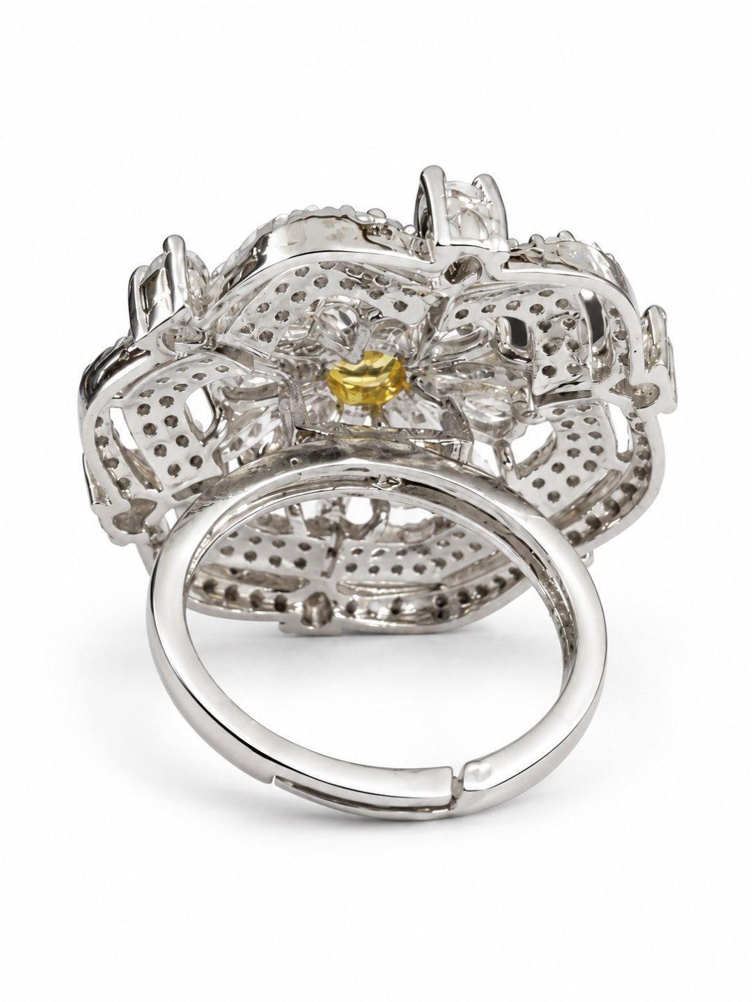 Yellow Round Center Geometric Flower Ring - Silver Plated - alternate view