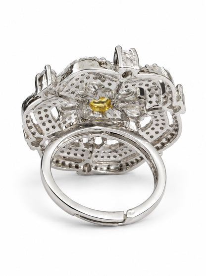 Yellow Round Center Geometric Flower Ring - Silver Plated - alternate view