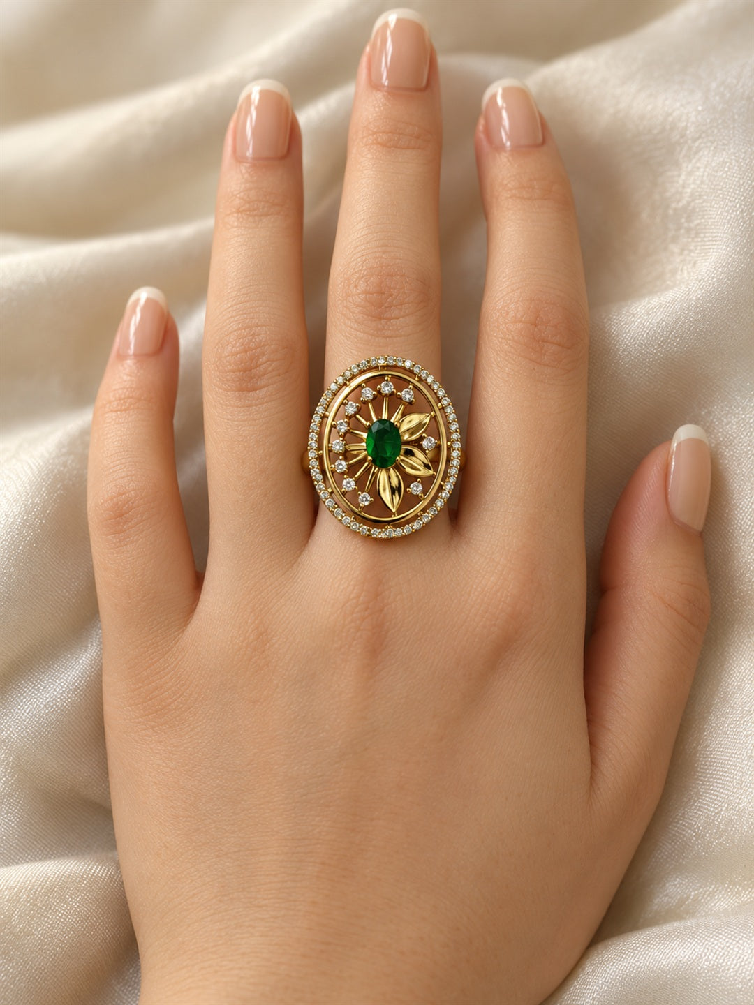 Green Stone Oval Sunburst Ring - Gold Plated, model close-up