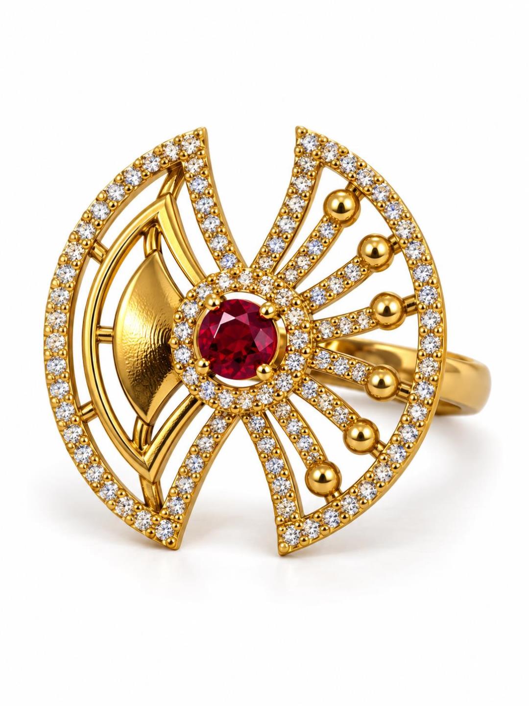 Red Stone Openwork Fan Ring - Gold Plated, additional view 1