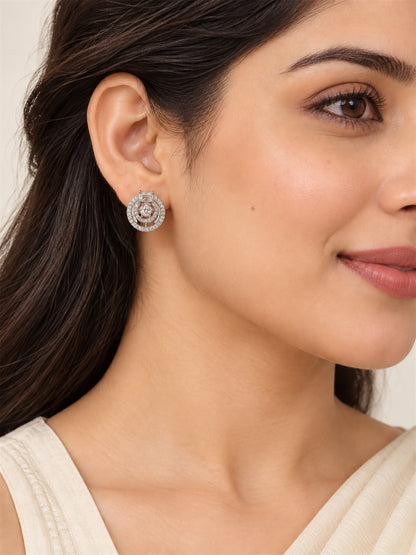 Clear Stone Double Halo Stud Earrings, silver plated, model close-up