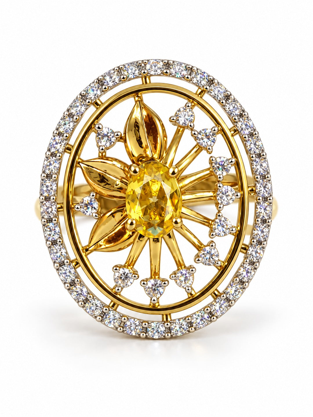 Yellow Center Stone Oval Sunburst Ring - Gold Plated