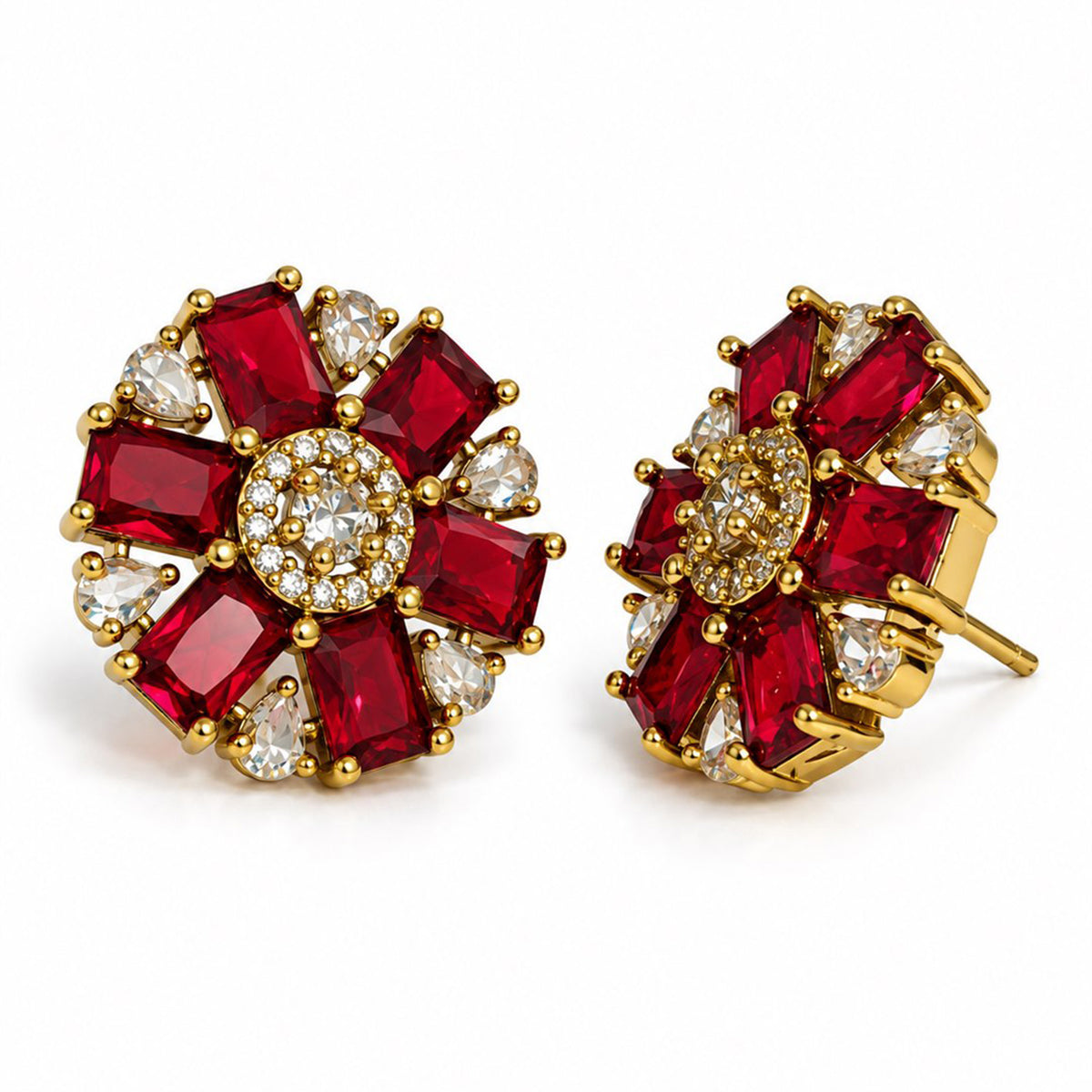 Red Baguette Petal Floral Stud Earrings - Gold Plated