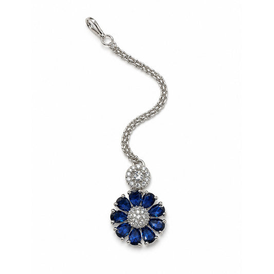 Blue Teardrop Floral Maang Tikka - Silver Plated, product view